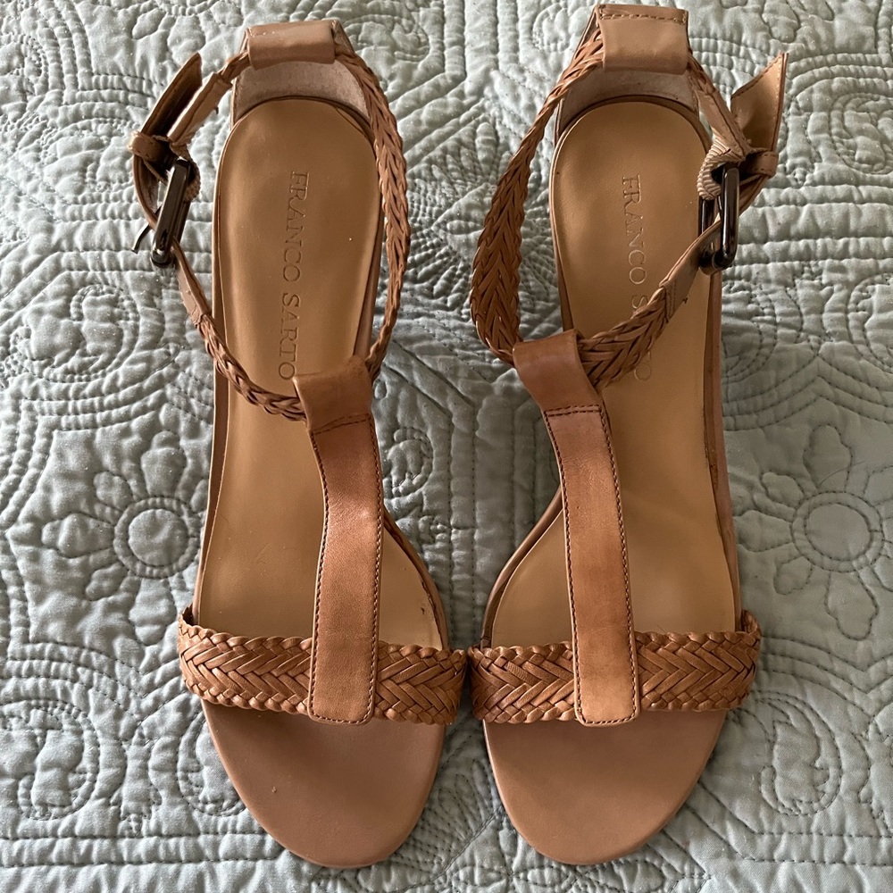 Tan leather wedge sandals